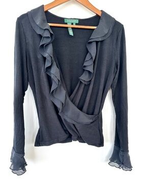 Lauren Ralph Lauren Ruffle-Trim Wrap  Top, Long Sleeved, Black, Stretch Knit